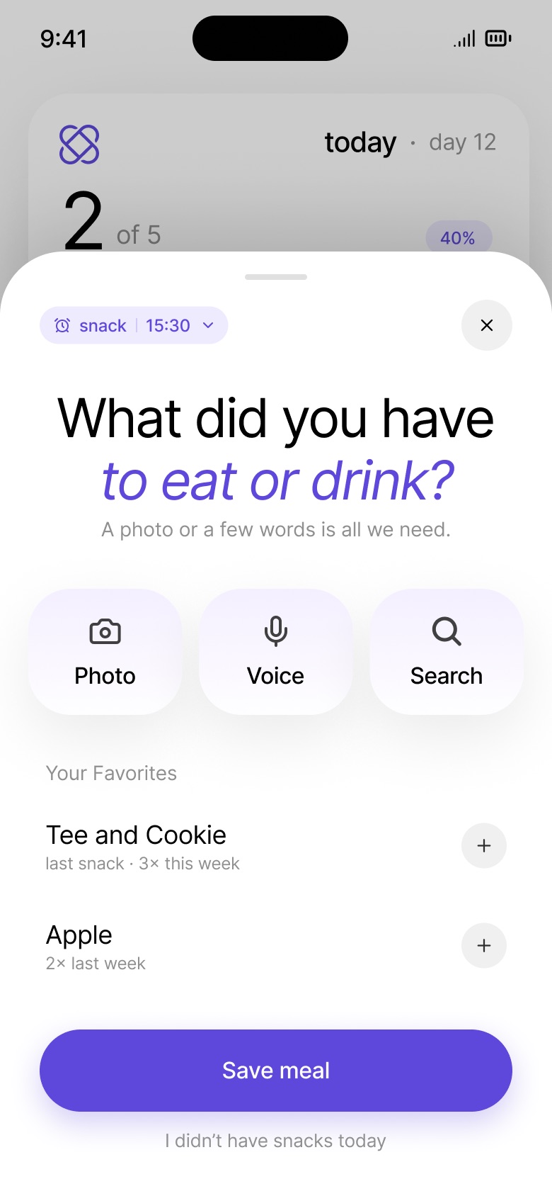 The meal-logging input drawer